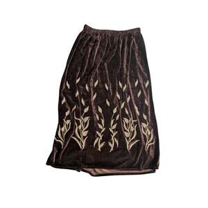 Vintage Brown Velvet Midi Skirt with Glitter Floral Design Goblincore